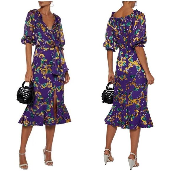 💕SALONI💕 Olivia Floral Printed Silk Midi Dress ~ Violet Sweetpeas US 4 - Picture 8 of 16
